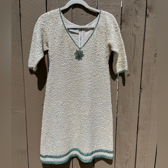 Vintage Gene Shelly’s Boutique White Sequin Blue Bead Rhinestone Mini Dress - Picture 9 of 15